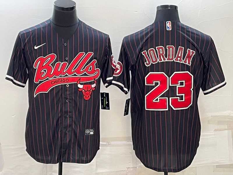 Men%27s Chicago Bulls #23 Michael Jordan Black Pinstripe With Patch Cool Base Stitched Baseball Jersey->chicago bulls->NBA Jersey